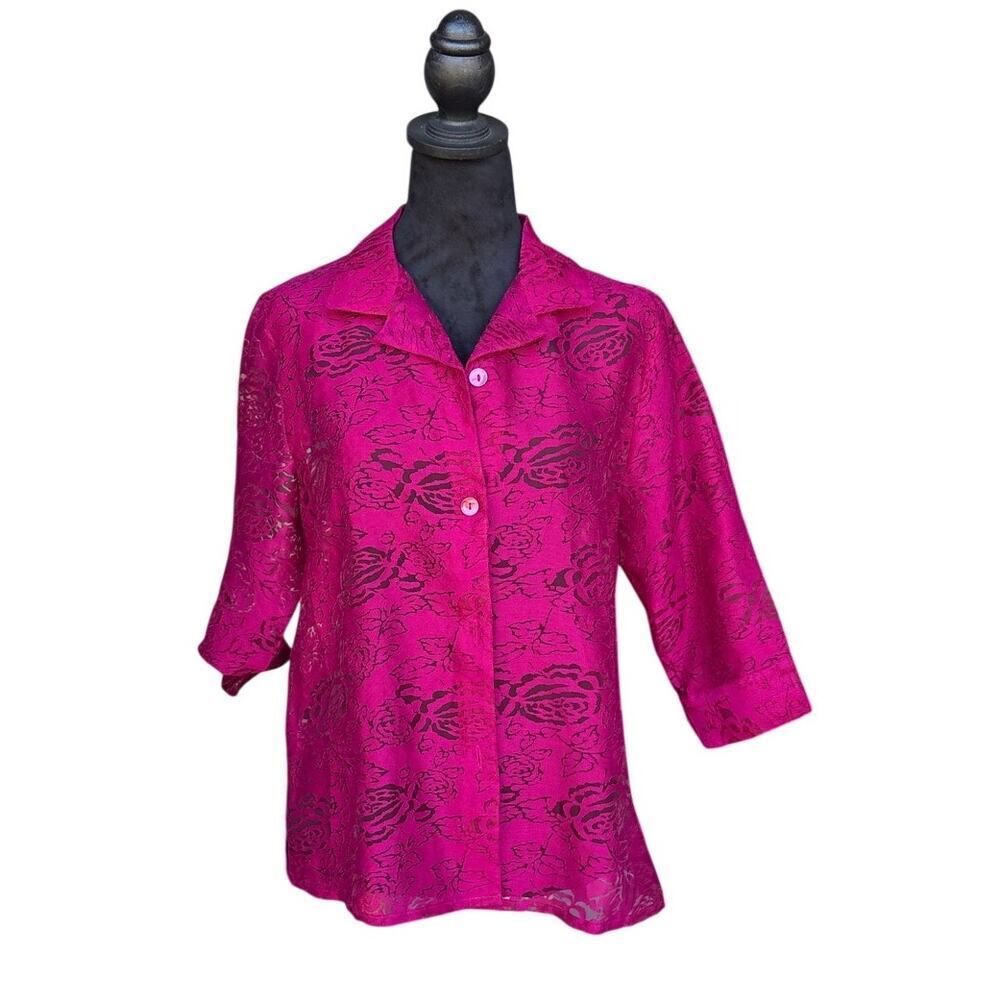 French Laundry Petite PS Magenta Pink Jacquard 3/4 Sleeve Button Front Blouse